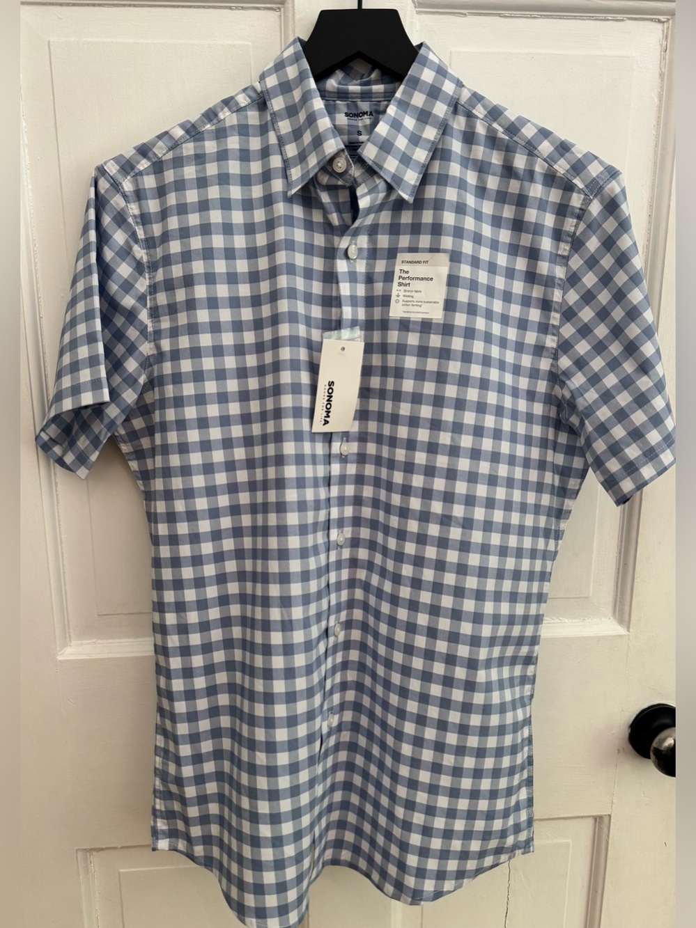 Men’s Small Performance Short-Sleeve Button Down Shirt Blue & White Gingham